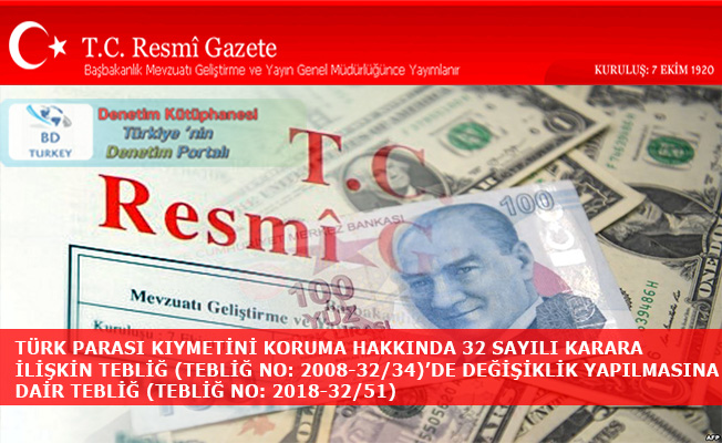 T�RK PARASI KIYMET�N� KORUMA HAKKINDA 32 SAYILI KARARA �L��K�N
TEBL�� (TEBL�� NO: 2008-32/34)�DE DE����KL�K YAPILMASINA
DA�R TEBL�� (TEBL�� NO: 2018-32/51)